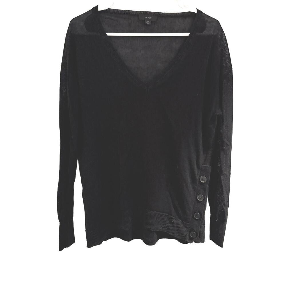 J.CREW Linen/Viscose Lightweight V Neck Black Sweater Side Buttons SZ M Preppy